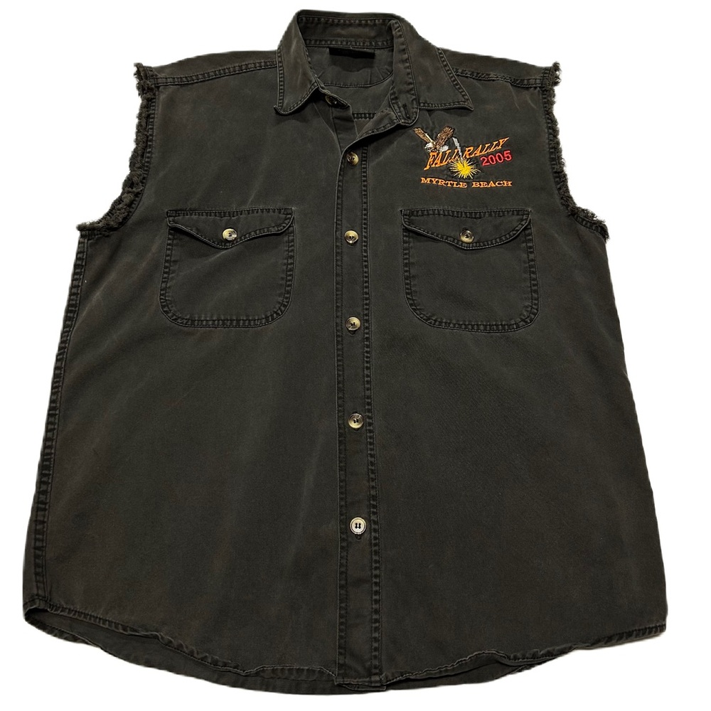 Vintage Y2k Denim Shirt Adult Size S Sleeveless Frayed Embroidered Biker Moto